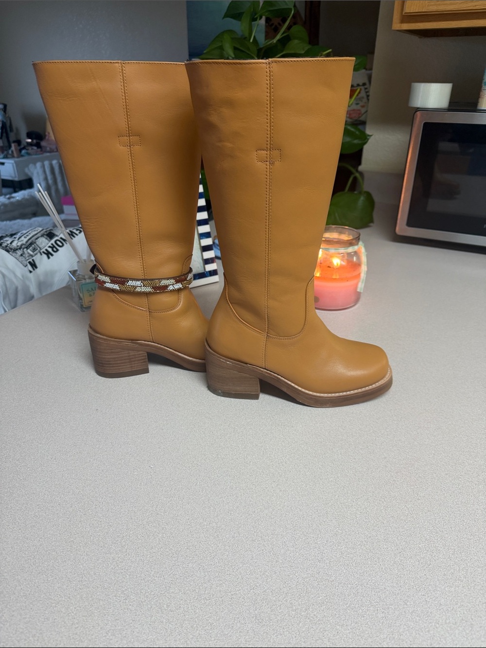 Knee-High Tan Leather Block Heel Boots